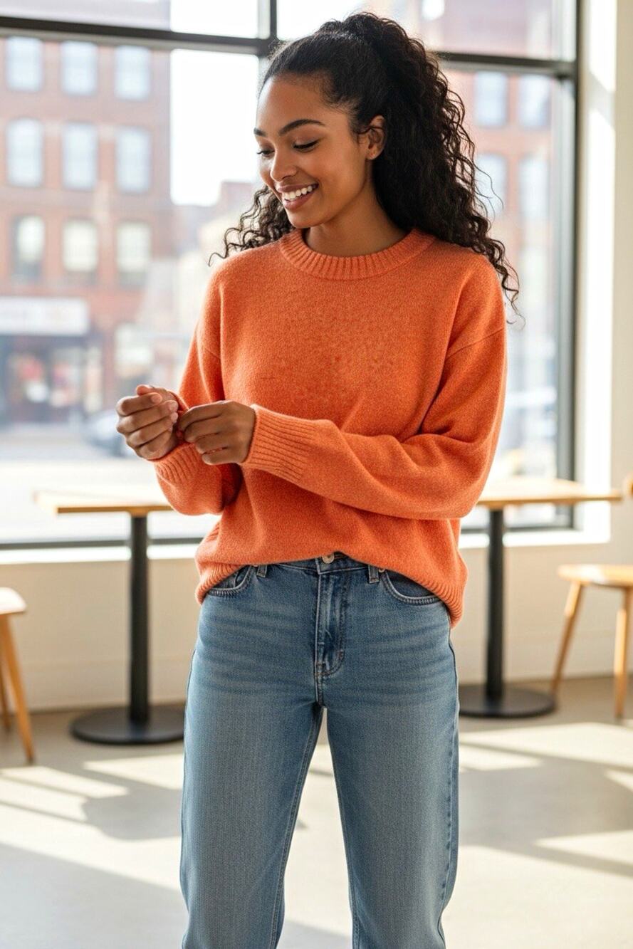 American Eagle Women's Orange Solid Knit Crewneck Pullover Sweater Size XS Comfy